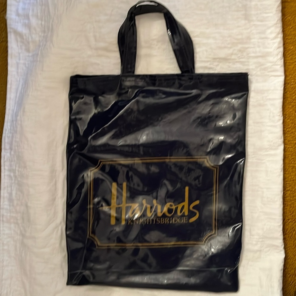 Vtg Harrod’s Navy with gold lettering 14” x 12” Tote gently used as shown